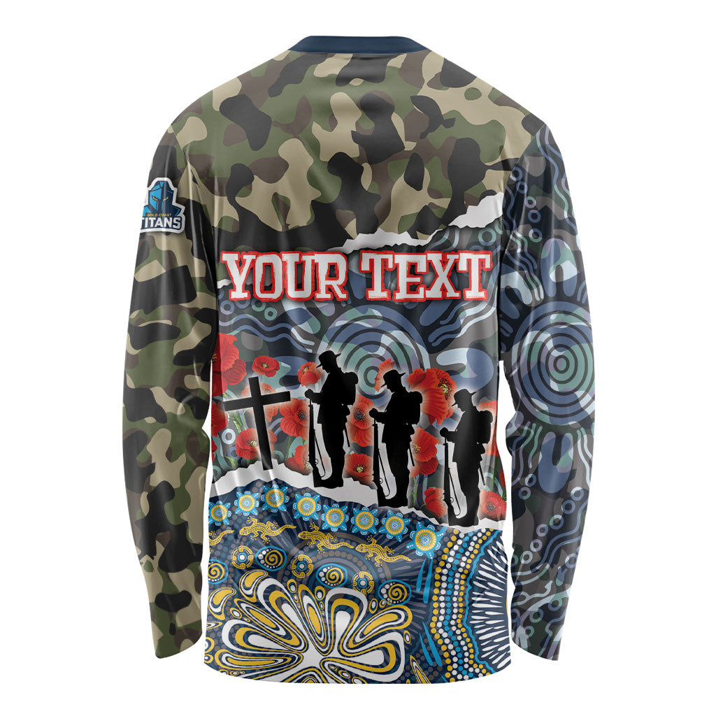 Personalized Gold Coast Titans ANZAC Long Sleeve Shirt Indigenous Camouflage Poppy Memorial Soldier Spartan