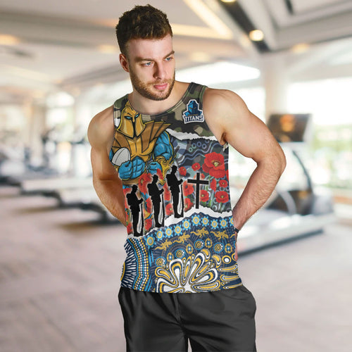 Personalized Gold Coast Titans ANZAC Men Tank Top Indigenous Camouflage Poppy Memorial Soldier Spartan