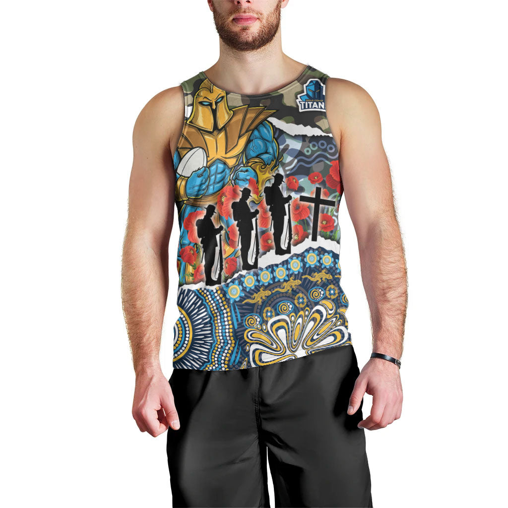 Personalized Gold Coast Titans ANZAC Men Tank Top Indigenous Camouflage Poppy Memorial Soldier Spartan