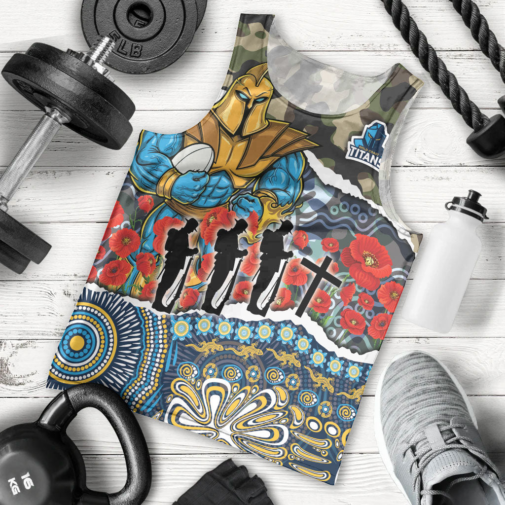 Personalized Gold Coast Titans ANZAC Men Tank Top Indigenous Camouflage Poppy Memorial Soldier Spartan