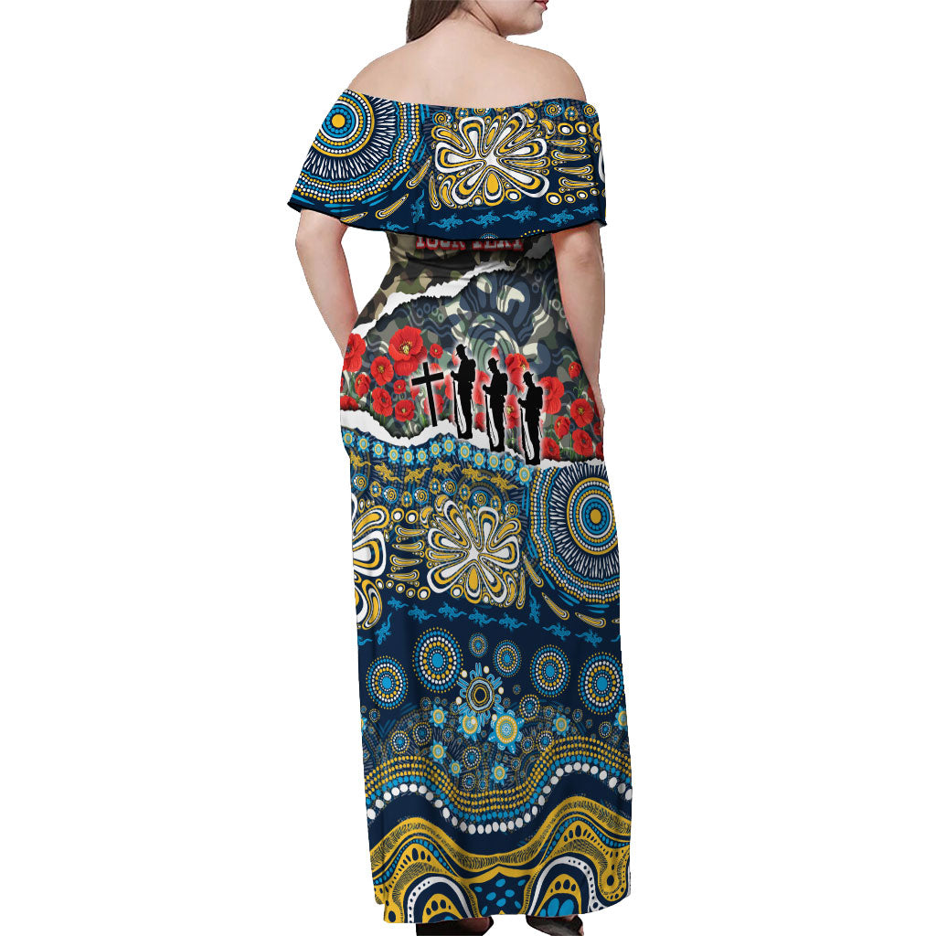 Personalized Gold Coast Titans ANZAC Off Shoulder Maxi Dress Indigenous Camouflage Poppy Memorial Soldier Spartan