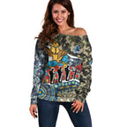 Personalized Gold Coast Titans ANZAC Off Shoulder Sweater Indigenous Camouflage Poppy Memorial Soldier Spartan