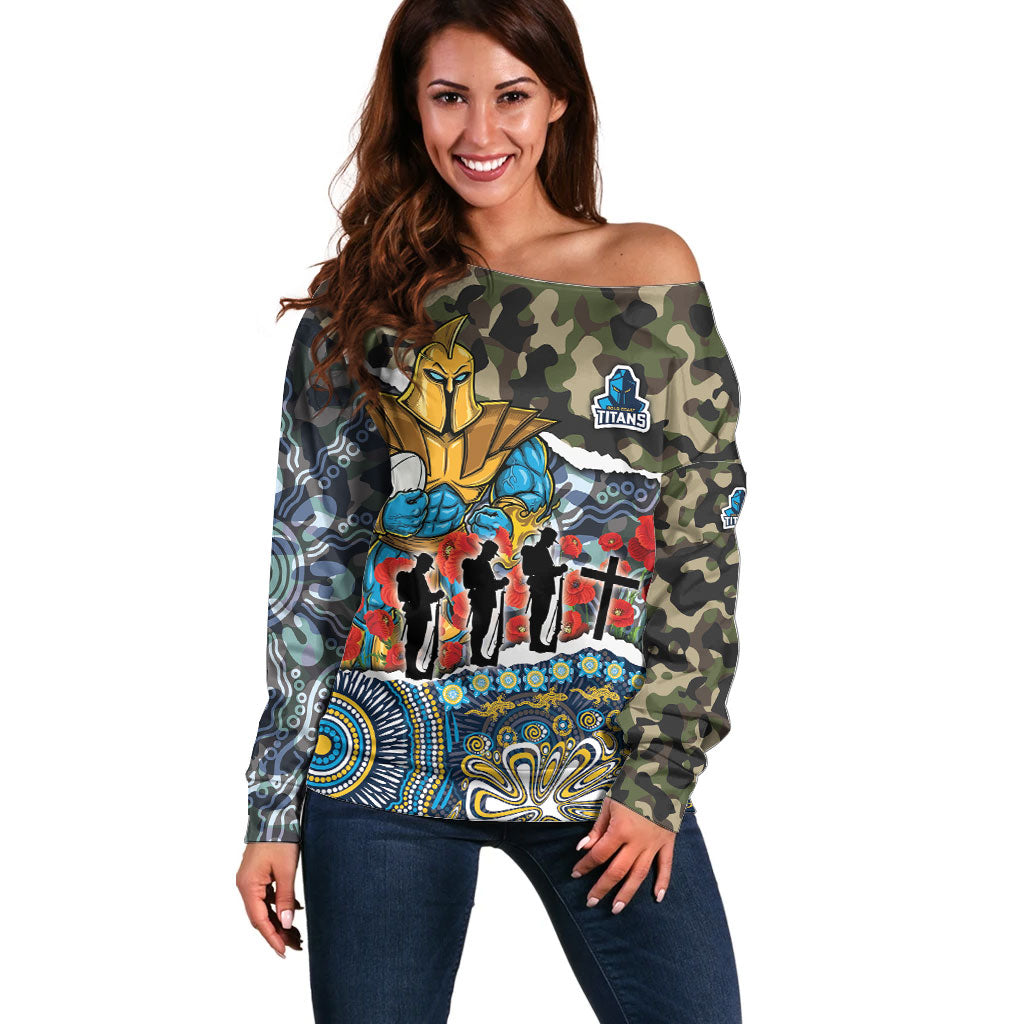 Personalized Gold Coast Titans ANZAC Off Shoulder Sweater Indigenous Camouflage Poppy Memorial Soldier Spartan