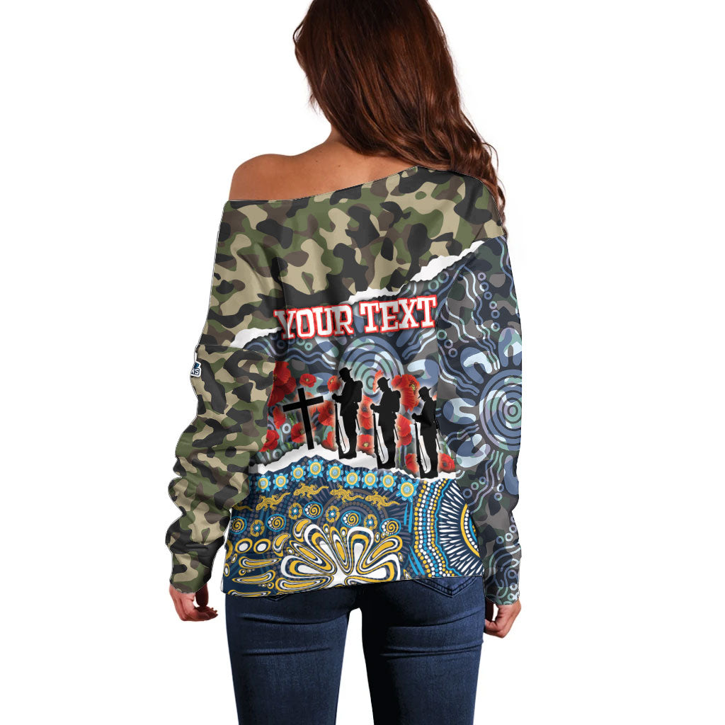 Personalized Gold Coast Titans ANZAC Off Shoulder Sweater Indigenous Camouflage Poppy Memorial Soldier Spartan