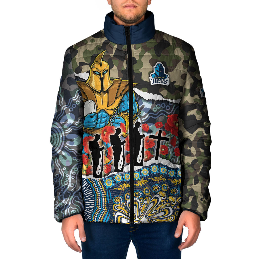 Personalized Gold Coast Titans ANZAC Padded Jacket Indigenous Camouflage Poppy Memorial Soldier Spartan