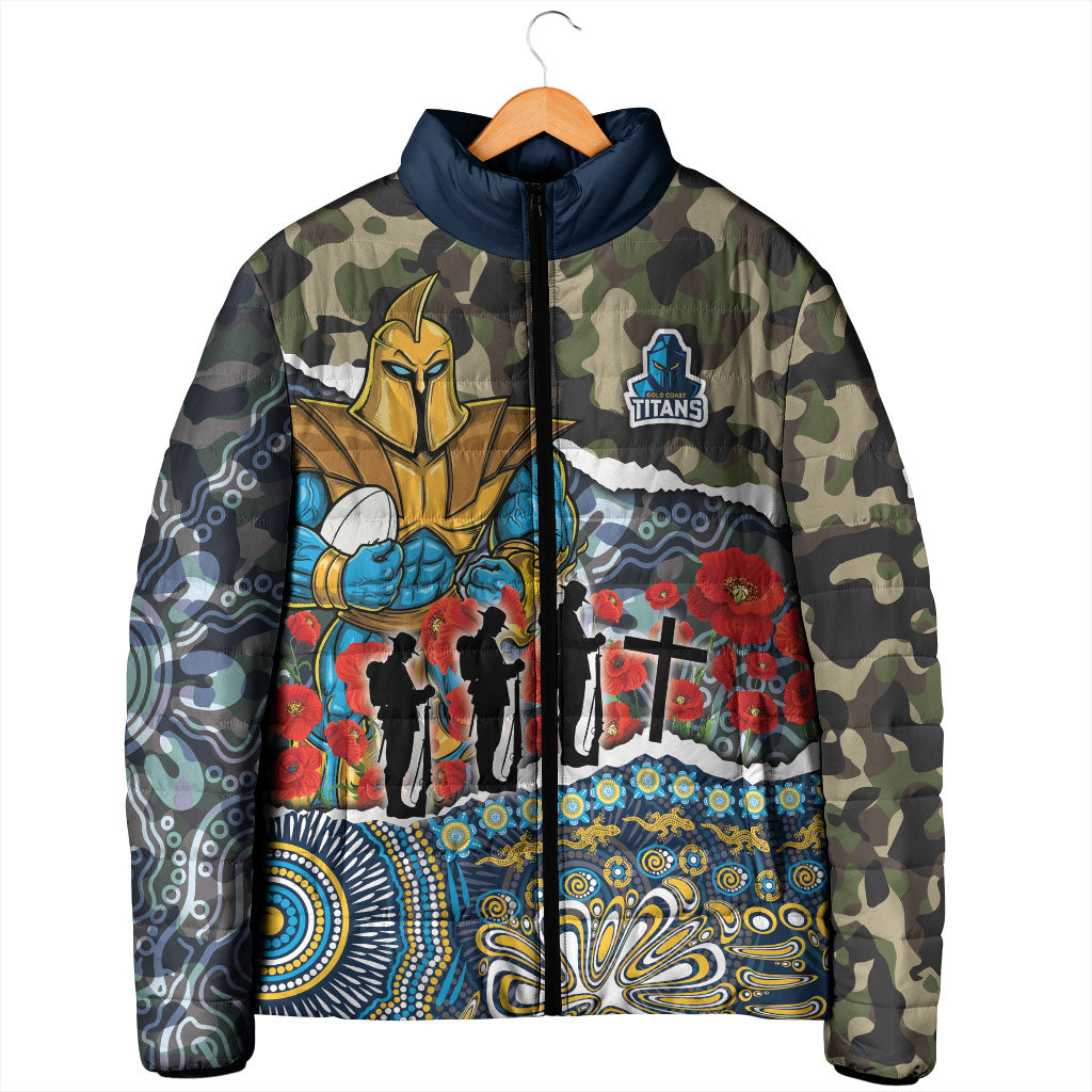 Personalized Gold Coast Titans ANZAC Padded Jacket Indigenous Camouflage Poppy Memorial Soldier Spartan