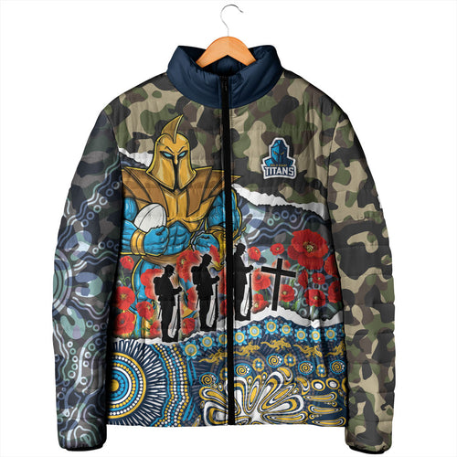 Personalized Gold Coast Titans ANZAC Padded Jacket Indigenous Camouflage Poppy Memorial Soldier Spartan