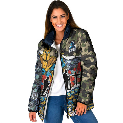 Personalized Gold Coast Titans ANZAC Padded Jacket Indigenous Camouflage Poppy Memorial Soldier Spartan