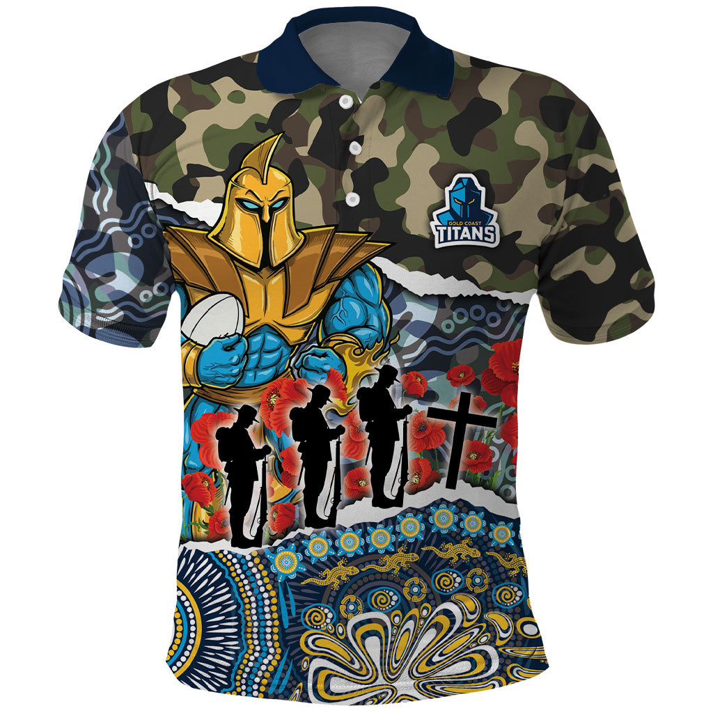 Personalized Gold Coast Titans ANZAC Polo Shirt Indigenous Camouflage Poppy Memorial Soldier Spartan