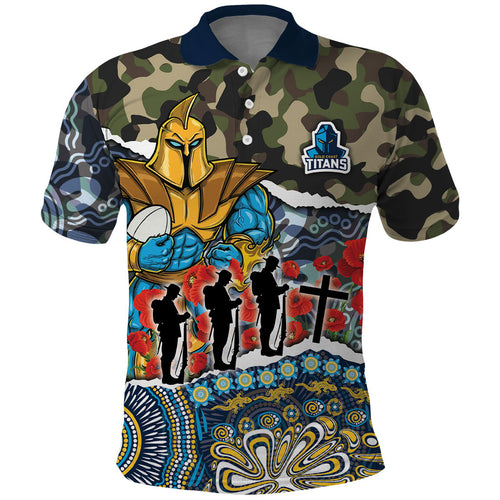 Personalized Gold Coast Titans ANZAC Polo Shirt Indigenous Camouflage Poppy Memorial Soldier Spartan