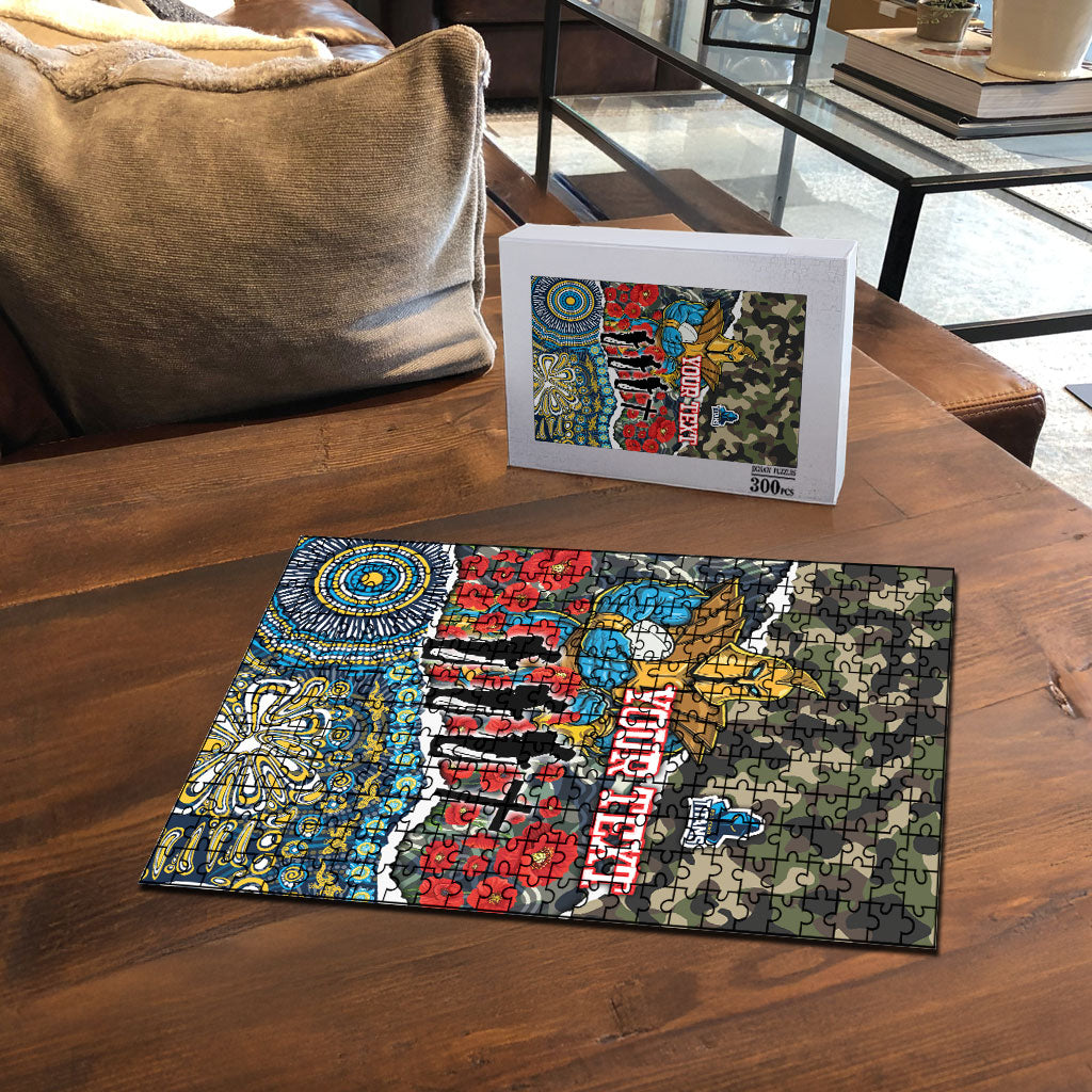 Personalized Gold Coast Titans ANZAC Puzzle Indigenous Camouflage Poppy Memorial Soldier Spartan