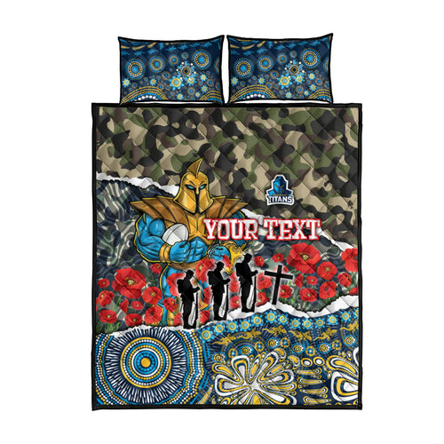 Personalized Gold Coast Titans ANZAC Quilt Bed Set Indigenous Camouflage Poppy Memorial Soldier Spartan