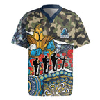 Personalized Gold Coast Titans ANZAC Rugby Jersey Indigenous Camouflage Poppy Memorial Soldier Spartan