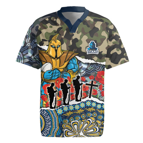 Personalized Gold Coast Titans ANZAC Rugby Jersey Indigenous Camouflage Poppy Memorial Soldier Spartan