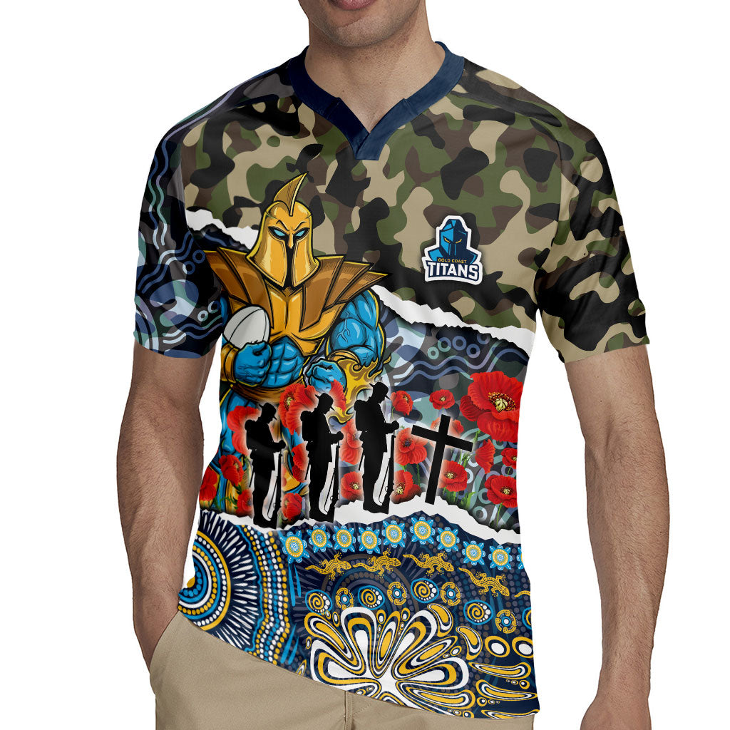 Personalized Gold Coast Titans ANZAC Rugby Jersey Indigenous Camouflage Poppy Memorial Soldier Spartan