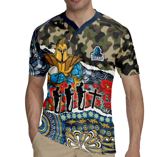 Personalized Gold Coast Titans ANZAC Rugby Jersey Indigenous Camouflage Poppy Memorial Soldier Spartan