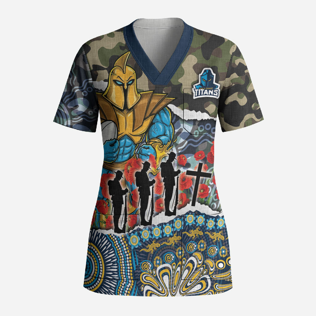 Personalized Gold Coast Titans ANZAC Scrub Top Indigenous Camouflage Poppy Memorial Soldier Spartan