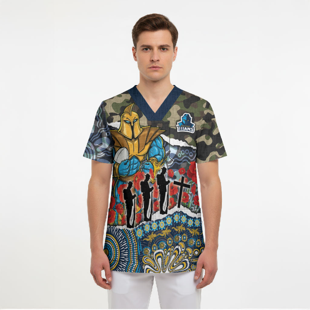 Personalized Gold Coast Titans ANZAC Scrub Top Indigenous Camouflage Poppy Memorial Soldier Spartan