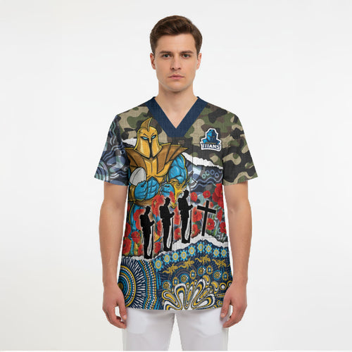 Personalized Gold Coast Titans ANZAC Scrub Top Indigenous Camouflage Poppy Memorial Soldier Spartan