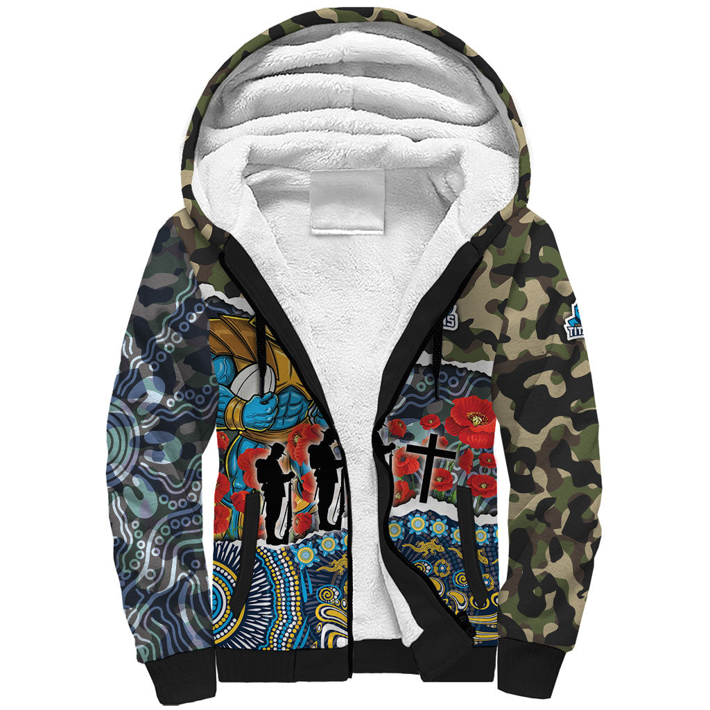 Personalized Gold Coast Titans ANZAC Sherpa Hoodie Indigenous Camouflage Poppy Memorial Soldier Spartan
