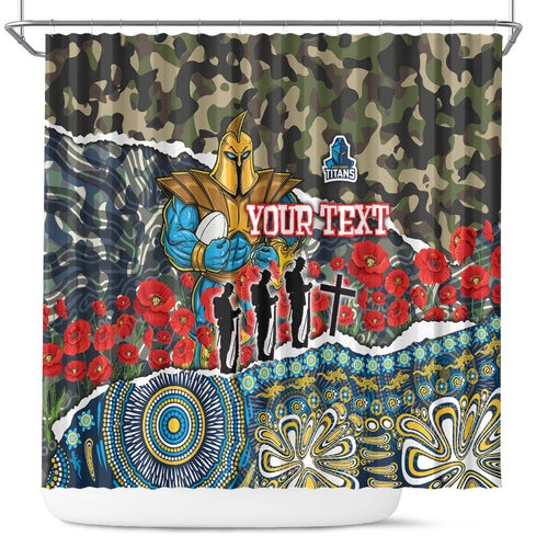 Personalized Gold Coast Titans ANZAC Shower Curtain Indigenous Camouflage Poppy Memorial Soldier Spartan