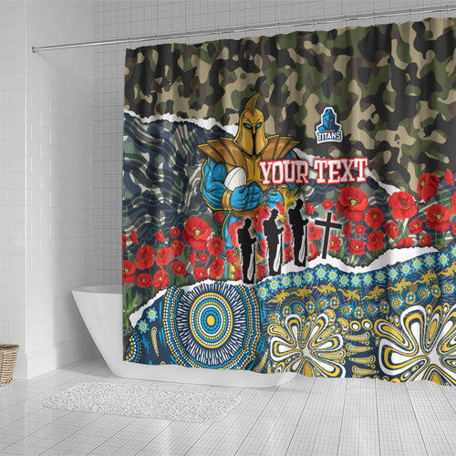Personalized Gold Coast Titans ANZAC Shower Curtain Indigenous Camouflage Poppy Memorial Soldier Spartan