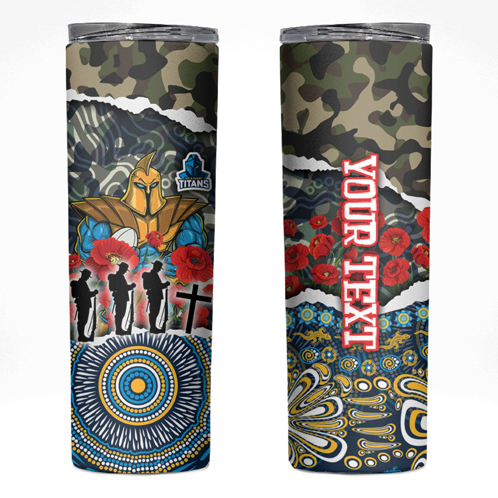 Personalized Gold Coast Titans ANZAC Skinny Tumbler Indigenous Camouflage Poppy Memorial Soldier Spartan