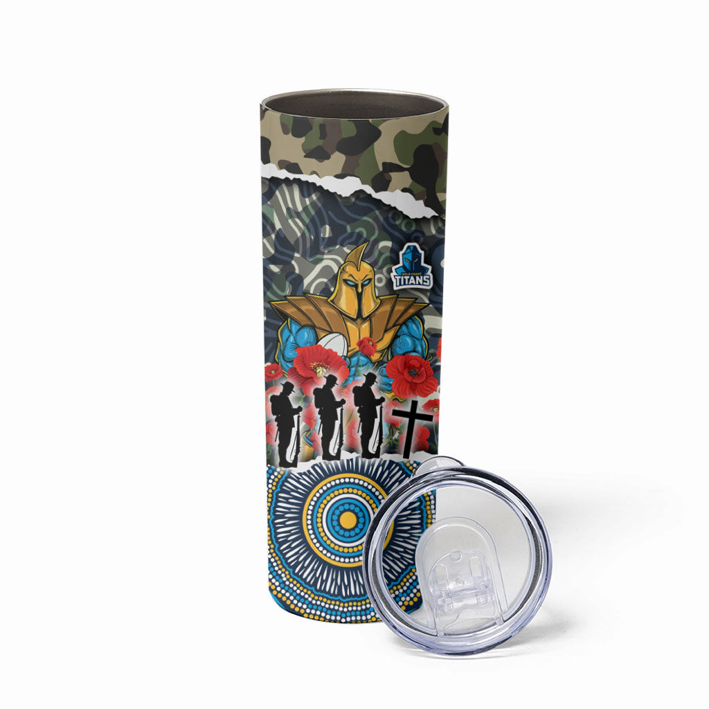 Personalized Gold Coast Titans ANZAC Skinny Tumbler Indigenous Camouflage Poppy Memorial Soldier Spartan