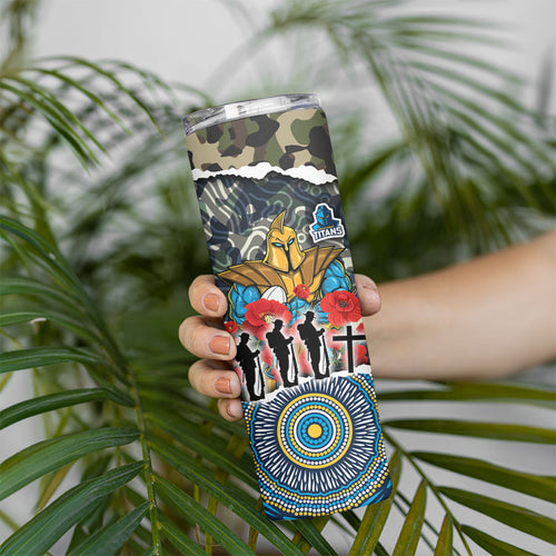 Personalized Gold Coast Titans ANZAC Skinny Tumbler Indigenous Camouflage Poppy Memorial Soldier Spartan