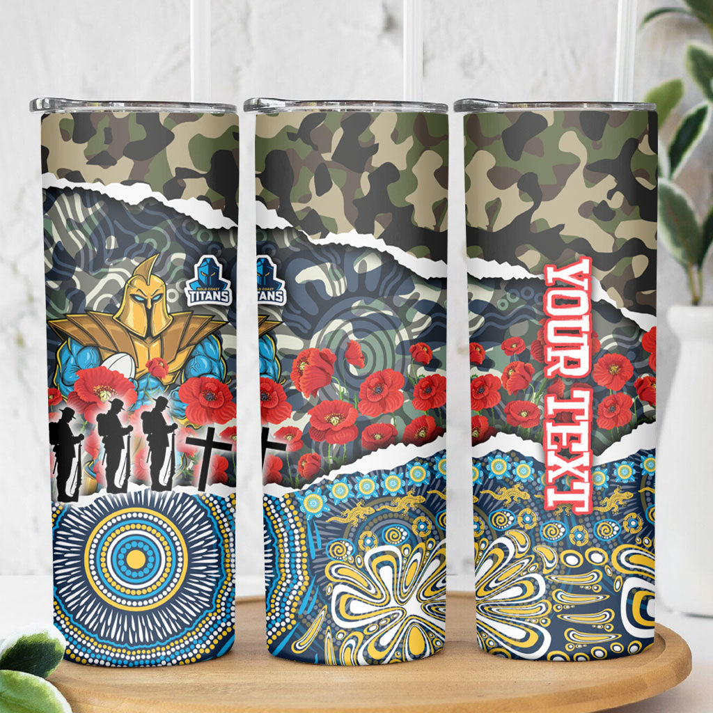 Personalized Gold Coast Titans ANZAC Skinny Tumbler Indigenous Camouflage Poppy Memorial Soldier Spartan