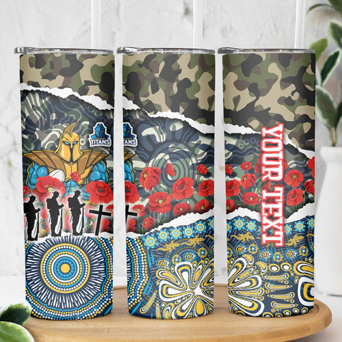 Personalized Gold Coast Titans ANZAC Skinny Tumbler Indigenous Camouflage Poppy Memorial Soldier Spartan