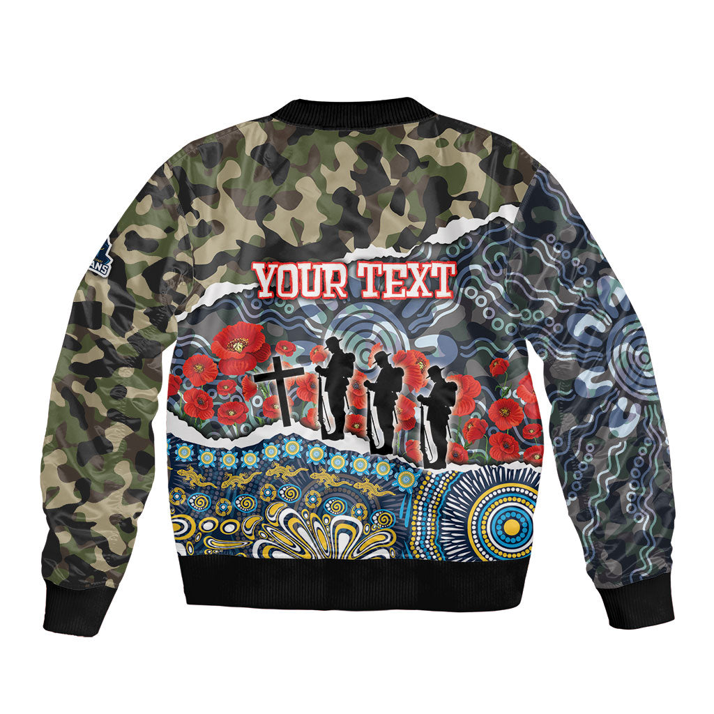 Personalized Gold Coast Titans ANZAC Sleeve Zip Bomber Jacket Indigenous Camouflage Poppy Memorial Soldier Spartan