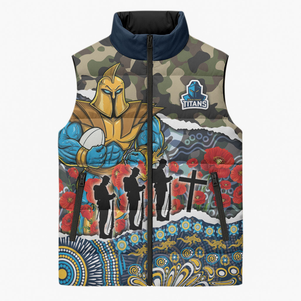 Personalized Gold Coast Titans ANZAC Sleeveless Puffer Jacket Indigenous Camouflage Poppy Memorial Soldier Spartan