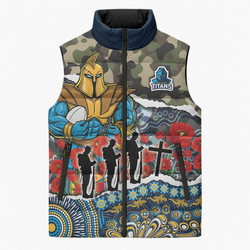 Personalized Gold Coast Titans ANZAC Sleeveless Puffer Jacket Indigenous Camouflage Poppy Memorial Soldier Spartan