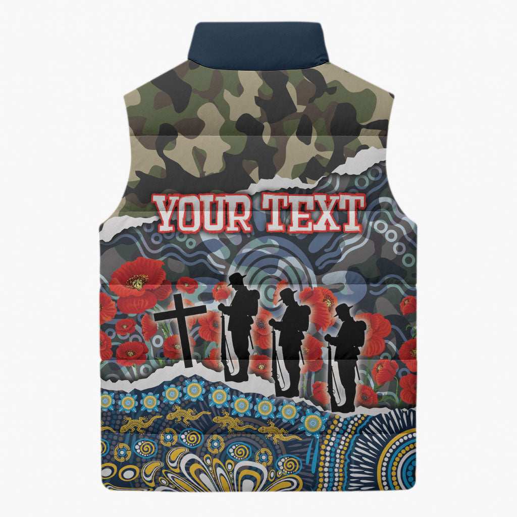 Personalized Gold Coast Titans ANZAC Sleeveless Puffer Jacket Indigenous Camouflage Poppy Memorial Soldier Spartan