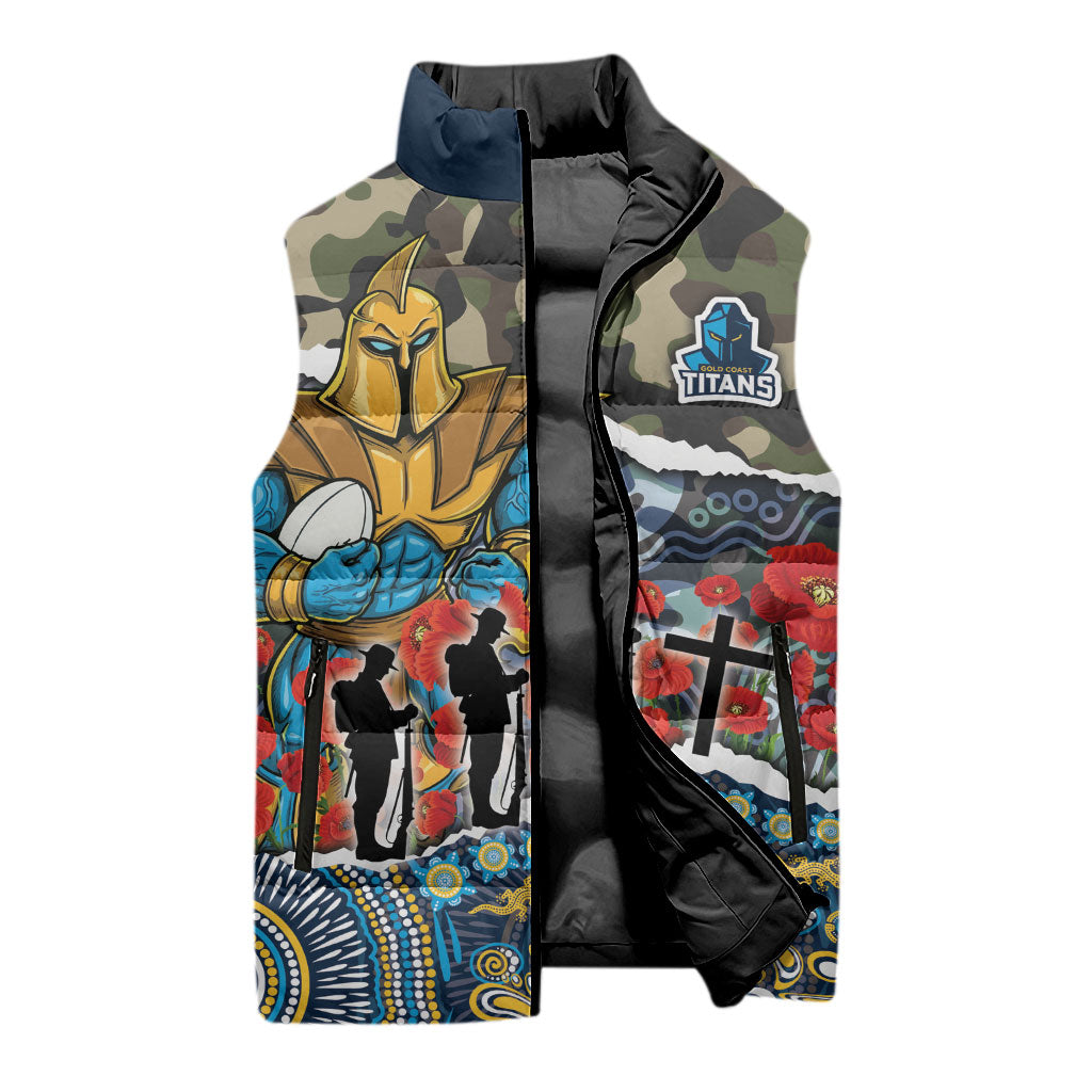 Personalized Gold Coast Titans ANZAC Sleeveless Puffer Jacket Indigenous Camouflage Poppy Memorial Soldier Spartan