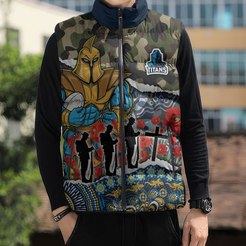 Personalized Gold Coast Titans ANZAC Sleeveless Puffer Jacket Indigenous Camouflage Poppy Memorial Soldier Spartan