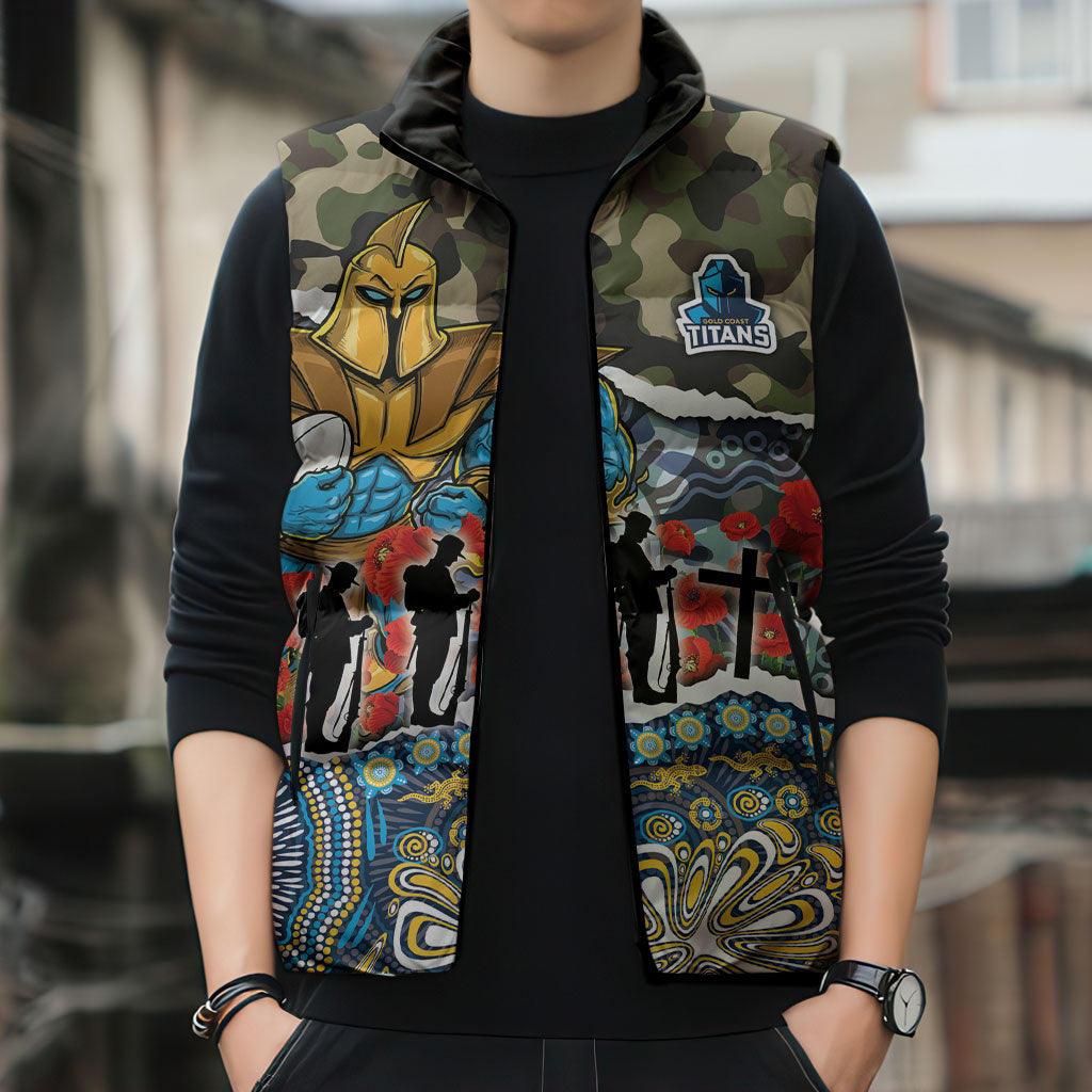 Personalized Gold Coast Titans ANZAC Sleeveless Puffer Jacket Indigenous Camouflage Poppy Memorial Soldier Spartan