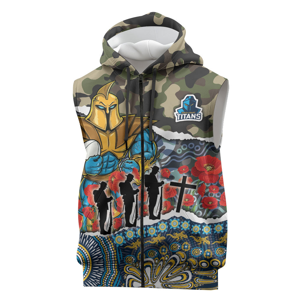 Personalized Gold Coast Titans ANZAC Sleeveless Zip Hoodie Indigenous Camouflage Poppy Memorial Soldier Spartan