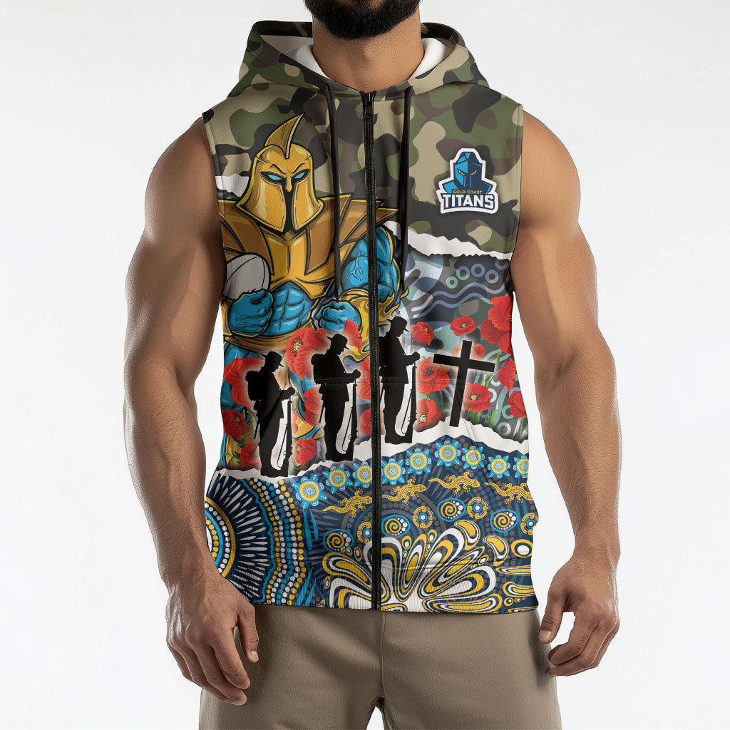 Personalized Gold Coast Titans ANZAC Sleeveless Zip Hoodie Indigenous Camouflage Poppy Memorial Soldier Spartan
