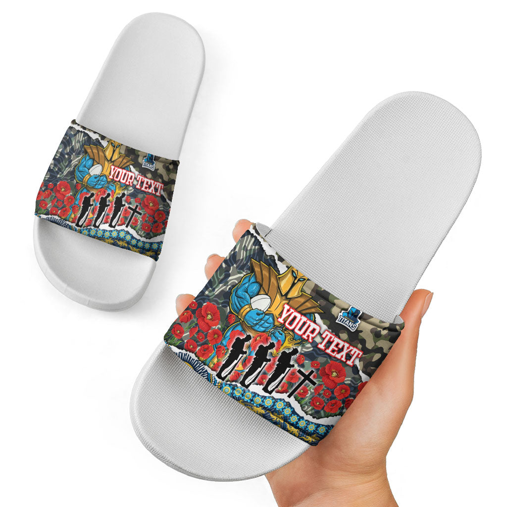 Personalized Gold Coast Titans ANZAC Slide Sandals Indigenous Camouflage Poppy Memorial Soldier Spartan