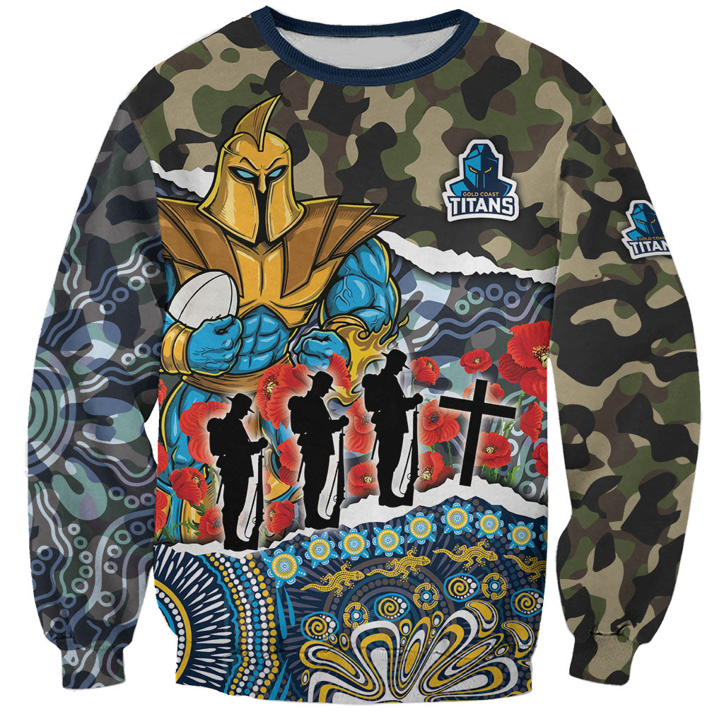 Personalized Gold Coast Titans ANZAC Sweatshirt Indigenous Camouflage Poppy Memorial Soldier Spartan