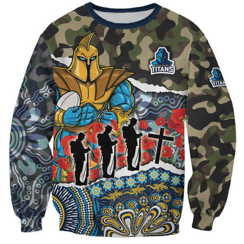 Personalized Gold Coast Titans ANZAC Sweatshirt Indigenous Camouflage Poppy Memorial Soldier Spartan