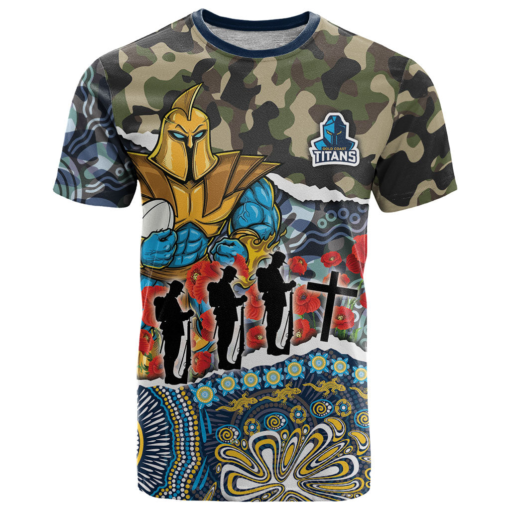Personalized Gold Coast Titans ANZAC T Shirt Indigenous Camouflage Poppy Memorial Soldier Spartan