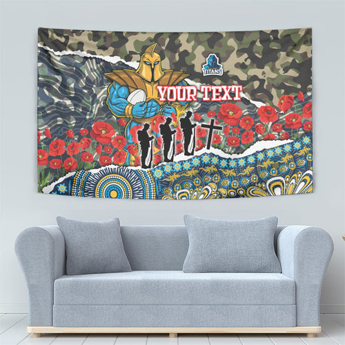 Personalized Gold Coast Titans ANZAC Tapestry Indigenous Camouflage Poppy Memorial Soldier Spartan