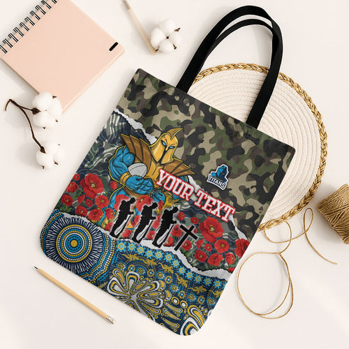 Personalized Gold Coast Titans ANZAC Tote Bag Indigenous Camouflage Poppy Memorial Soldier Spartan