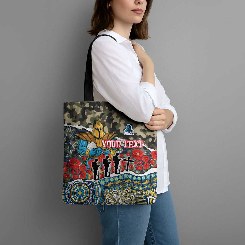 Personalized Gold Coast Titans ANZAC Tote Bag Indigenous Camouflage Poppy Memorial Soldier Spartan