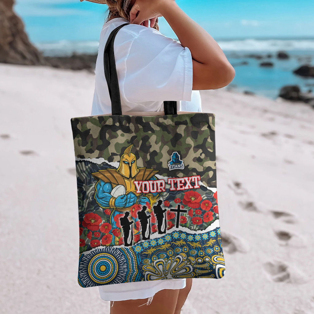Personalized Gold Coast Titans ANZAC Tote Bag Indigenous Camouflage Poppy Memorial Soldier Spartan