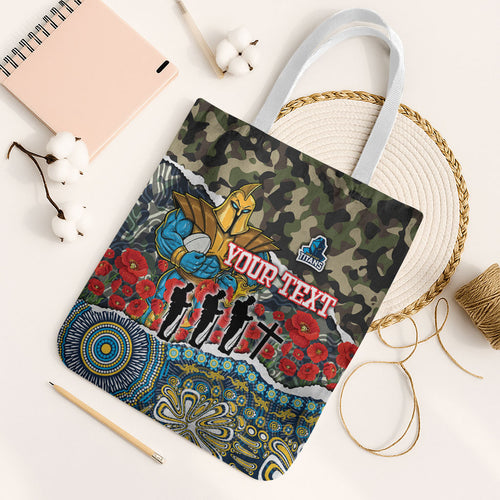 Personalized Gold Coast Titans ANZAC Tote Bag Indigenous Camouflage Poppy Memorial Soldier Spartan