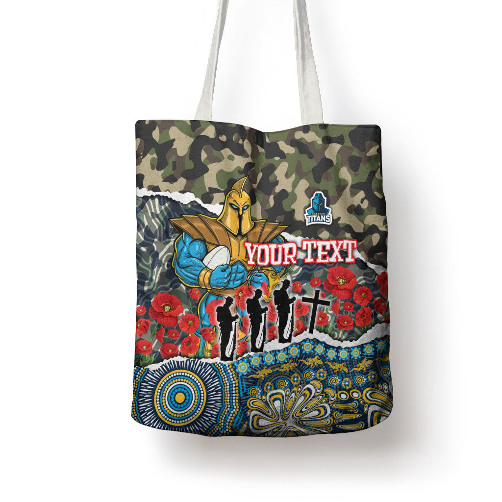 Personalized Gold Coast Titans ANZAC Tote Bag Indigenous Camouflage Poppy Memorial Soldier Spartan